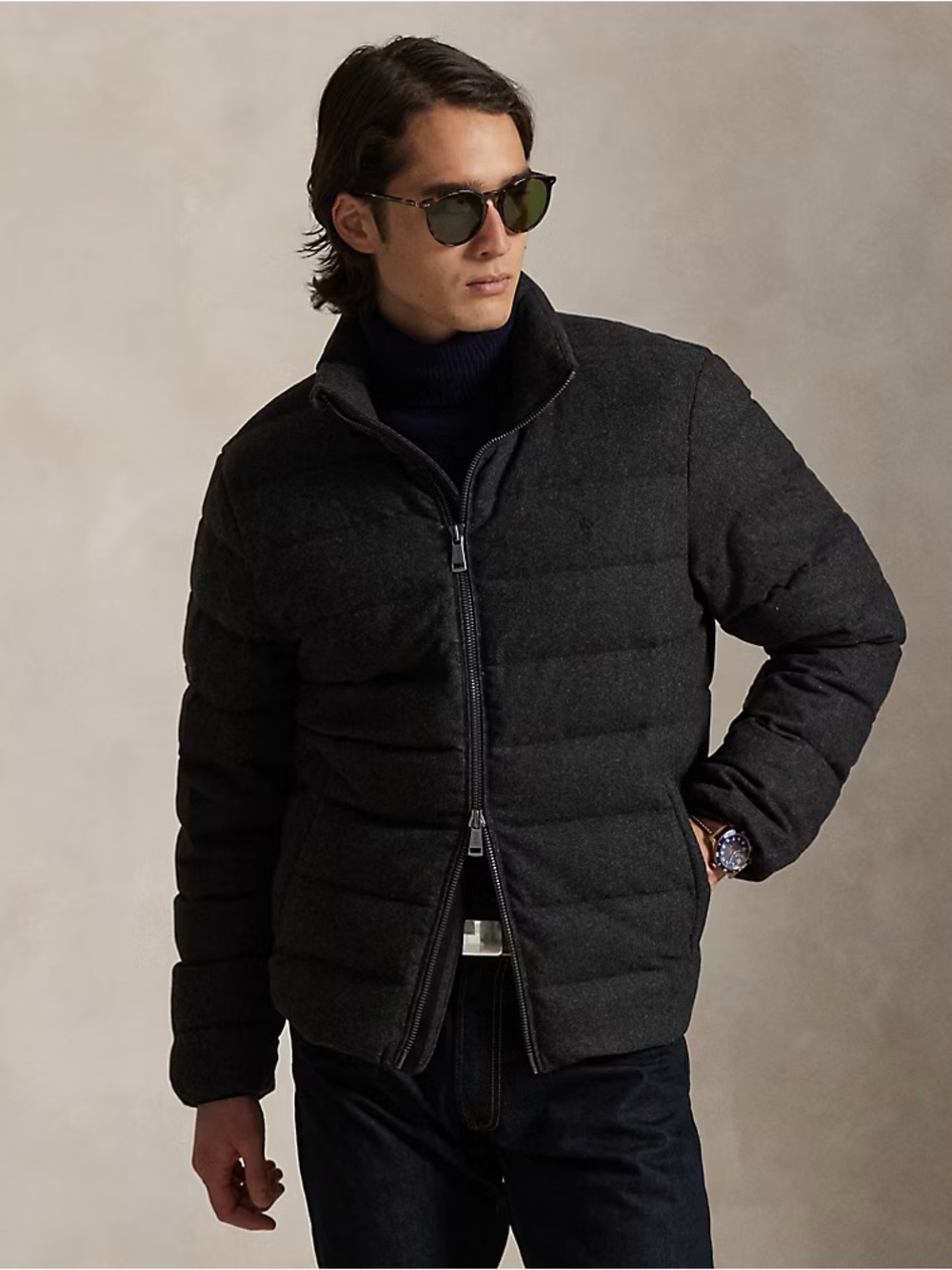 Polo Ralph Lauren The Colden Herringbone Down Wool Jacket Gray Mens Medium EUC